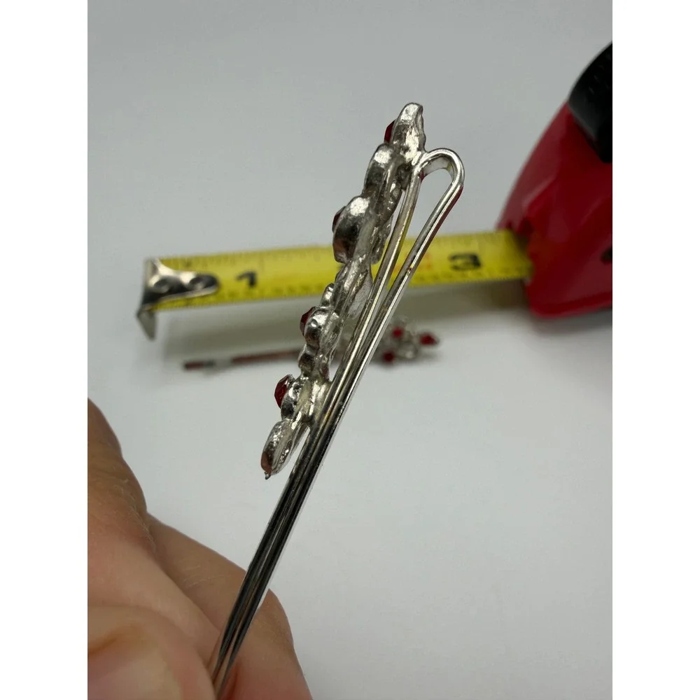 Vintage Style Silver Red Rhinestone Floral Scroll Bobby Pin Hair Clip Set 2pc